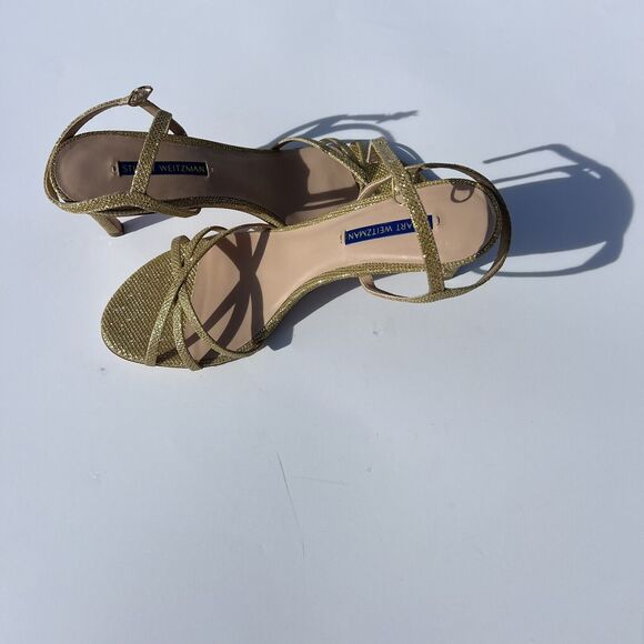 STUART WEITZMAN Starla Stiletto Heel Sandal, Gold Noir, Women 9.5 Preowned - Picture 15 of 15